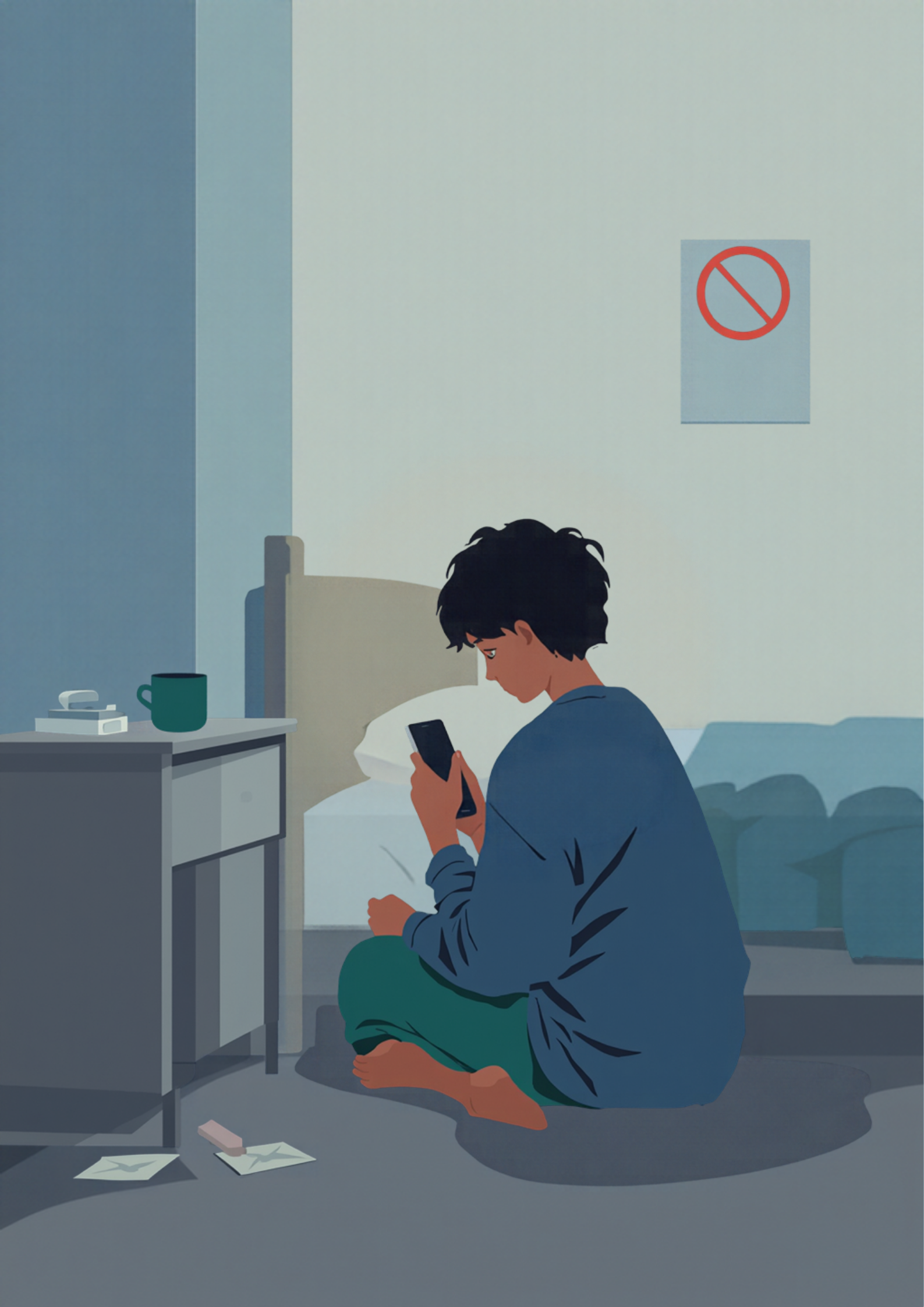 夜の一人暮らしの部屋で、青い部屋着の若い人がベッドの脇の床にあぐらをかいて座り、手元のスマホをうつむいて見つめている後ろ姿のイラスト。壁には赤い禁止マークのポスターが貼られ、床には開封済みの封筒が落ちている