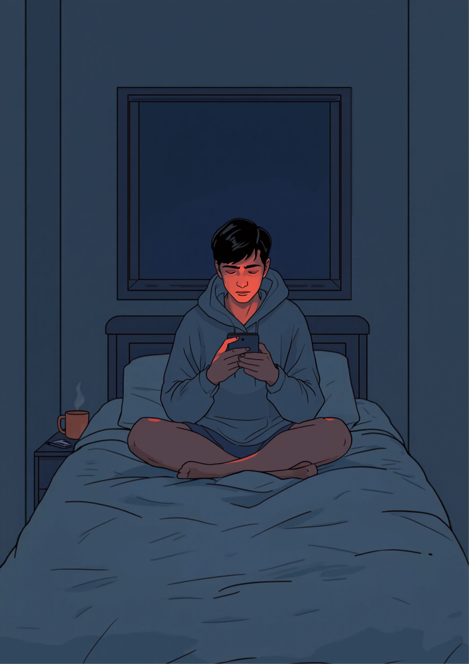 夜の部屋で、グレーのパーカーを着た若い人がベッドの端に座り、手に持ったスマホの画面を見つめているイラスト。横の小さなテーブルにはマグカップと開いたままのノートがあり、窓の外は暗い