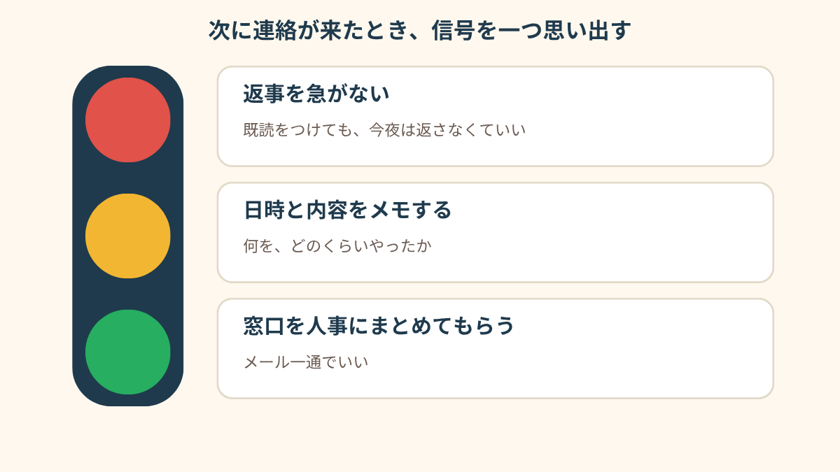 「次に連絡が来たとき、信号を一つ思い出す」と題した、縦に並んだ三色の信号機のまとめ図。赤には「返事を急がない。既読をつけても、今夜返さなくていい」、黄には「日時と内容をメモする。何をどのくらいやったか」、青には「窓口を人事にまとめてもらう。メール一通でいい」と書かれている