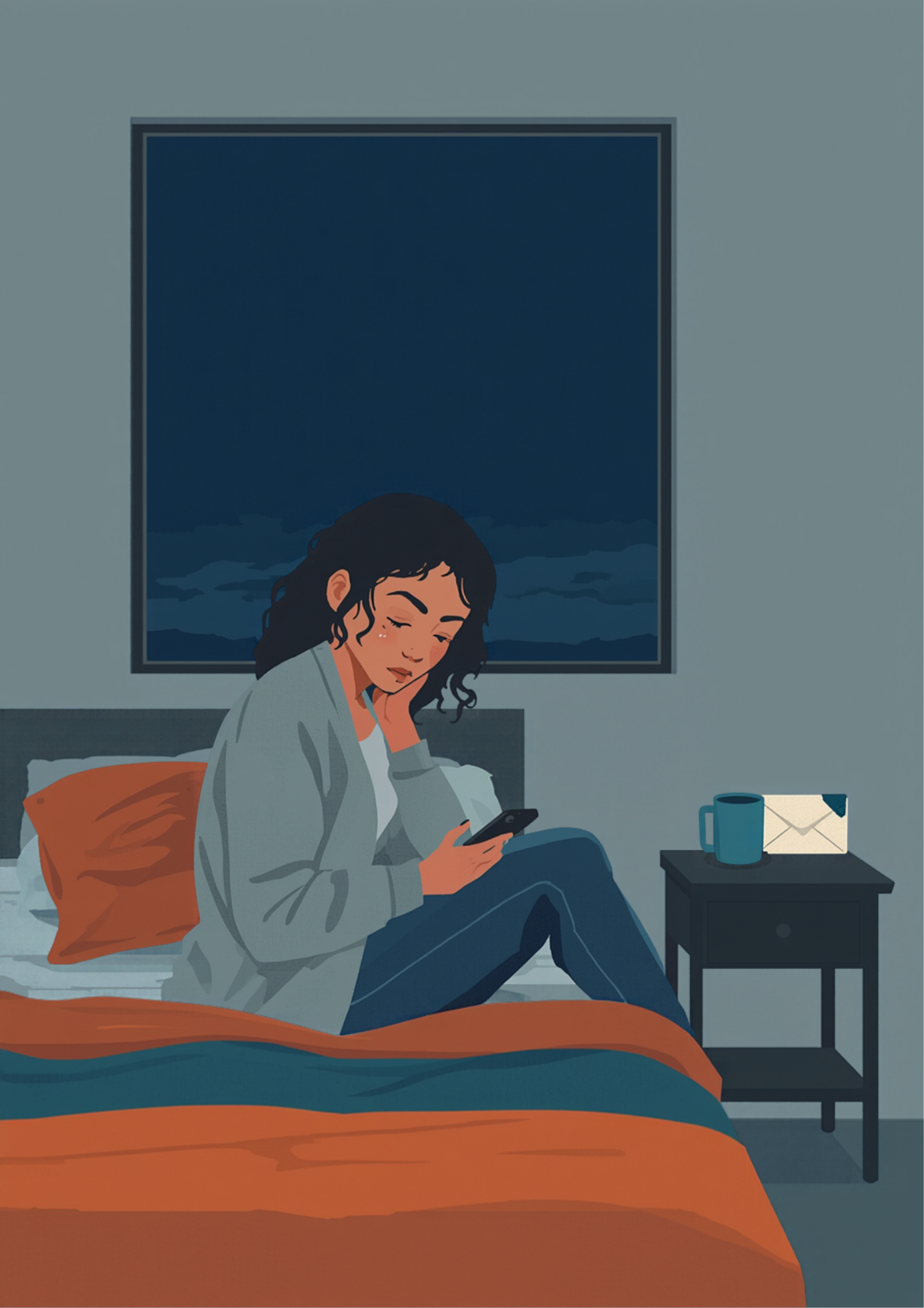夜の部屋で、グレーのカーディガンを着た若い女性がベッドの端に座り、手に持ったスマホの画面を見つめているイラスト。横の小さなテーブルにはマグカップと封筒が置かれ、窓の外は暗い