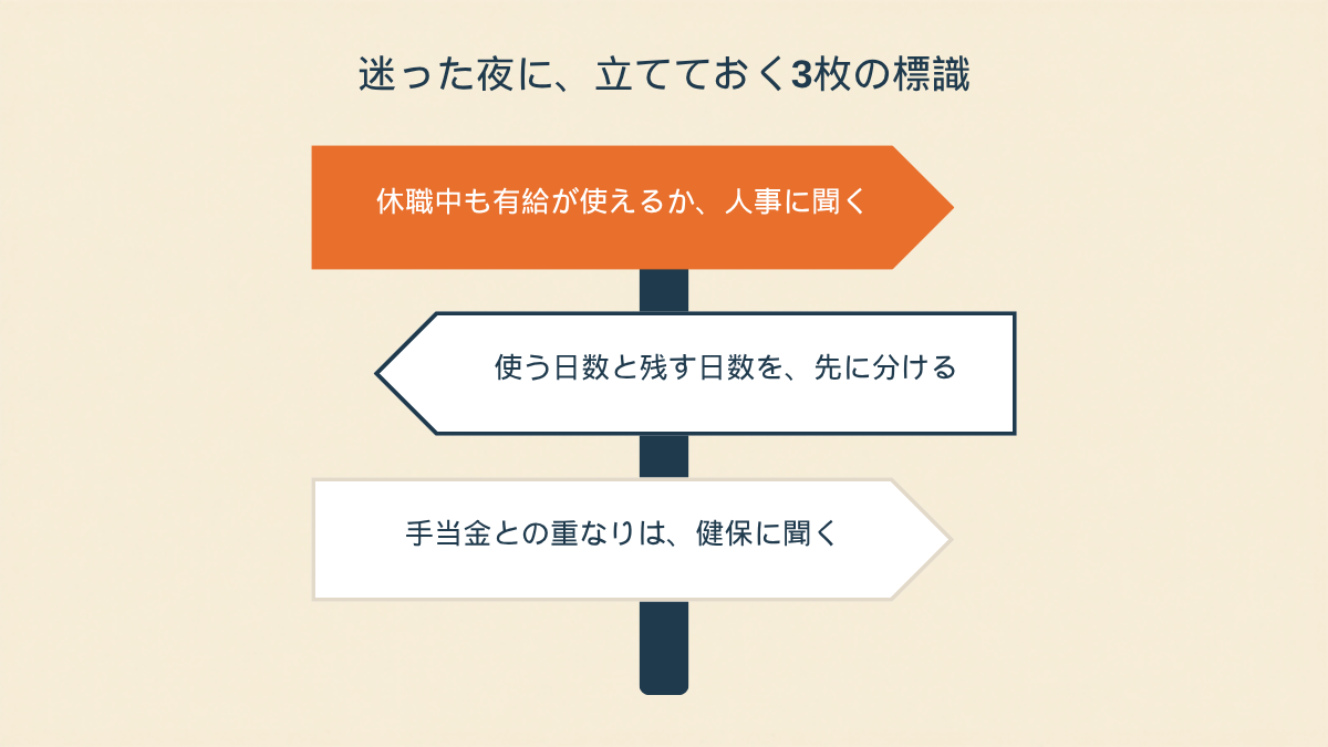 「迷った夜に、立てておく3枚の標識」と題したまとめ図。中央の1本の柱に3枚の矢印型の看板がついていて、「休職中も有給が使えるか、人事に聞く」「使う日数と残す日数を、先に分ける」「手当金との重なりは、健保に聞く」と書かれている