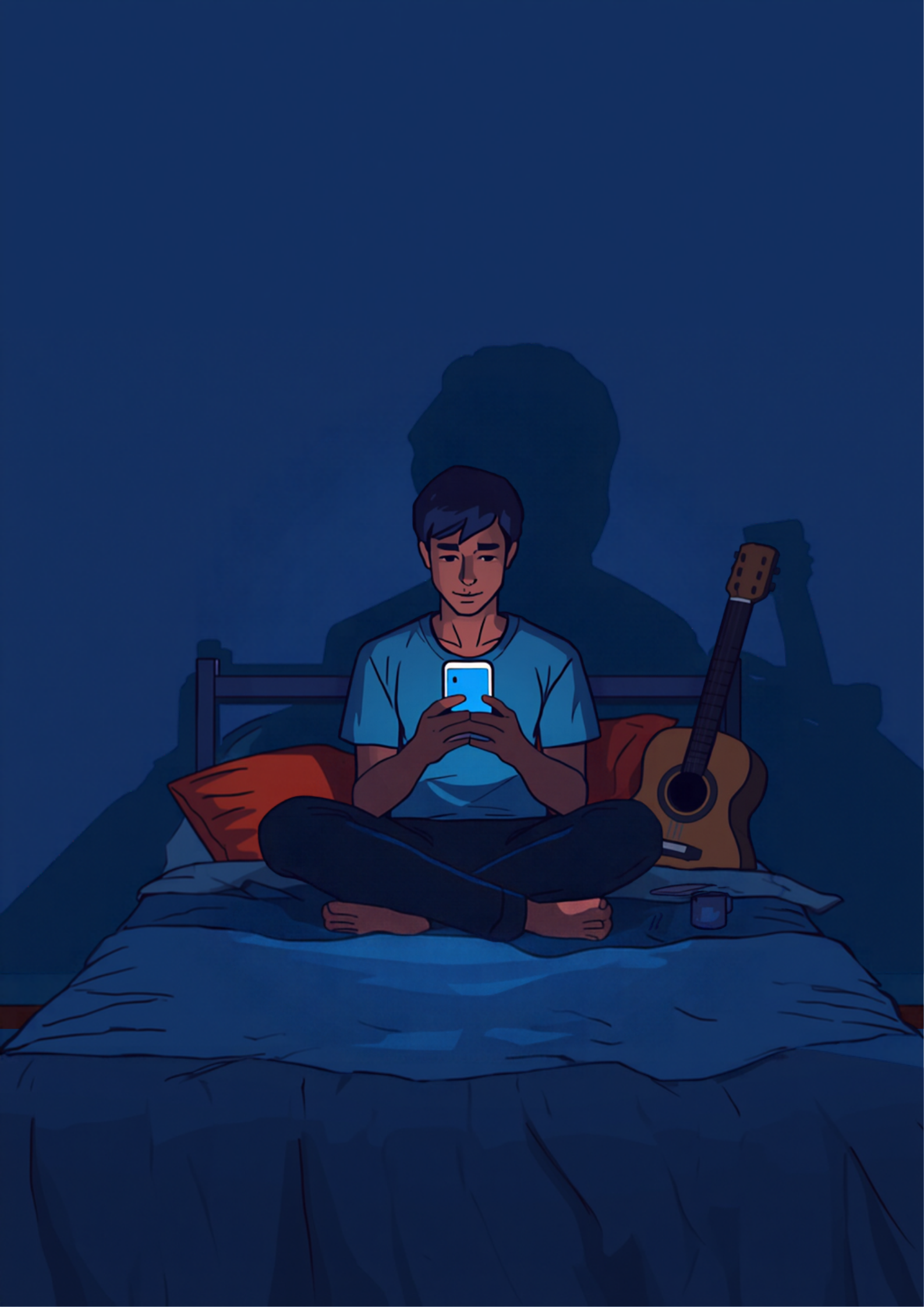 夜の部屋のベッドの上で、あぐらをかいた20代後半くらいの男性が、スマホの青白い光に顔を照らされて画面を見つめているイラスト。後ろの壁には大きな影が落ち、横にはアコースティックギターが立てかけてある