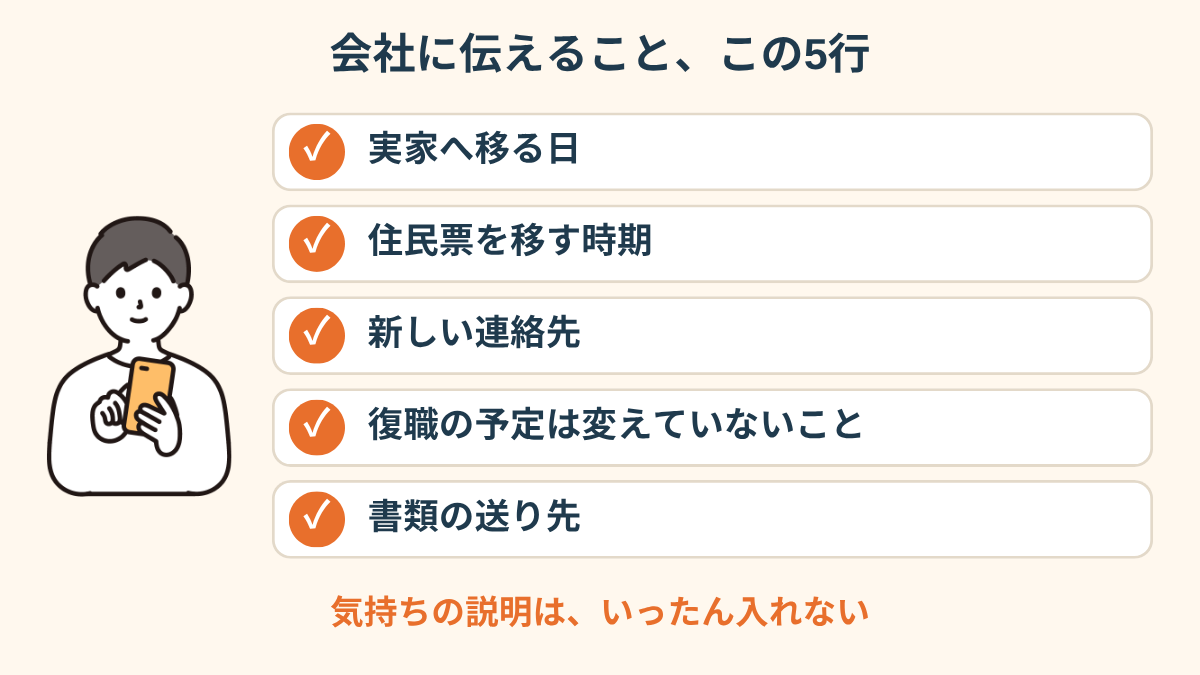 休職中に住所が変わるときに会社へ伝えることをまとめたチェックリスト。「実家へ移る日」「住民票を移す時期」「新しい連絡先」「復職の予定は変わらないこと」「書類の送付先」の5項目に、チェックマークが付いている