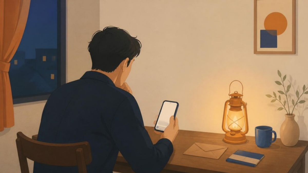 夜の部屋で、机に向かってスマートフォンを両手で持ち、画面を見つめる人物の後ろ姿。机にはランタンの灯りと封筒、手帳がある