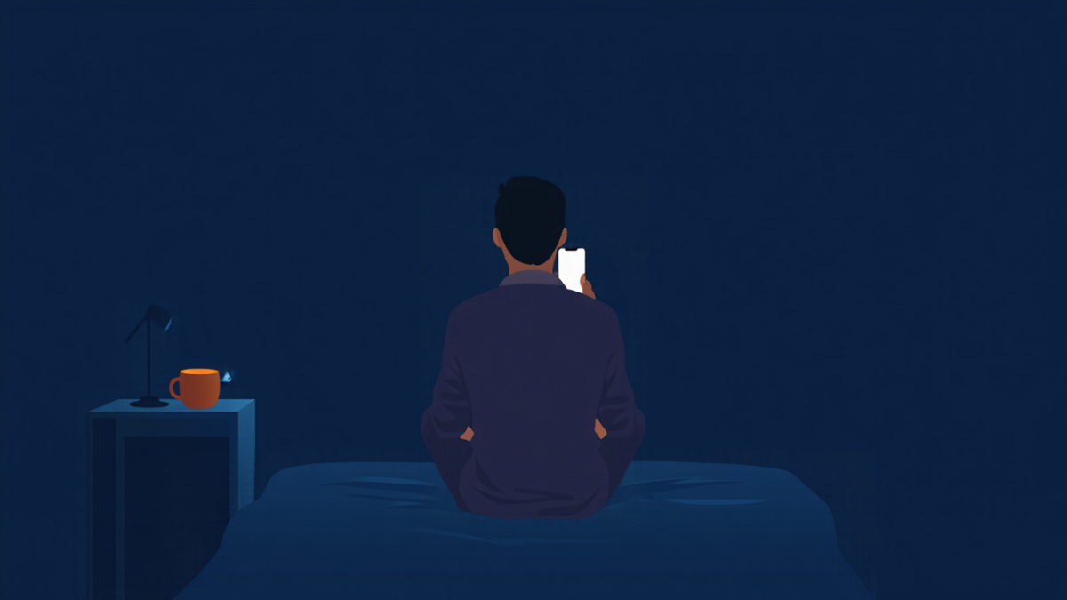 夜の部屋で、スマートフォンの画面を見つめたままベッドの端に座る人物の後ろ姿。机の上にはマグカップとランタンの灯りがあり、画面には書きかけのメールが光っている