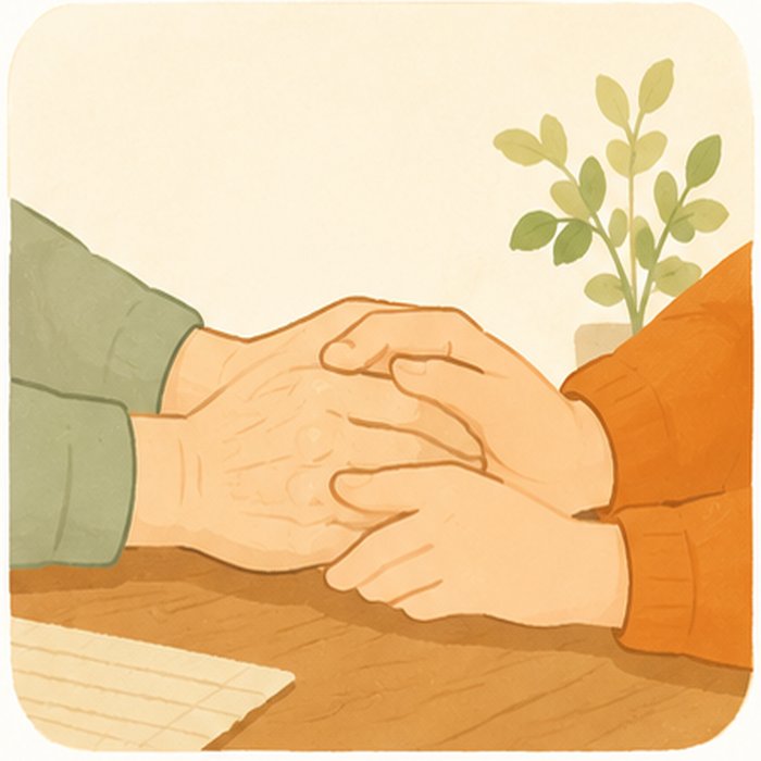 親子の手が優しく重なるイラスト。家族の介護とキャリアの両立の悩みを象徴