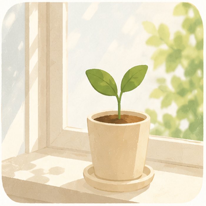 窓辺で芽吹く小さな植物のイラスト。休職からの小さな一歩を象徴