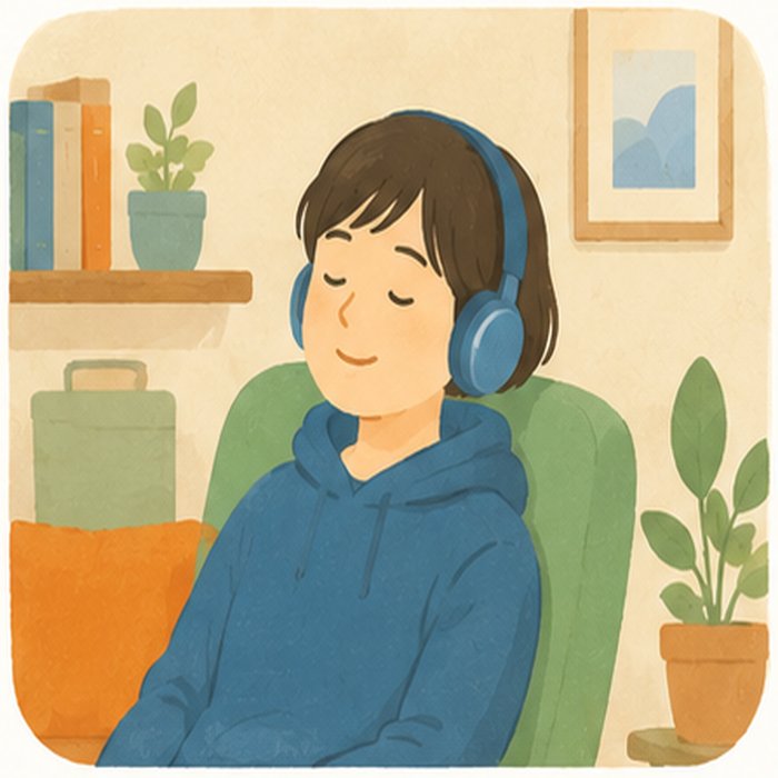 ヘッドホンをつけて落ち着いた空間で過ごす人のイラスト。発達障害の方の心地よい環境を象徴