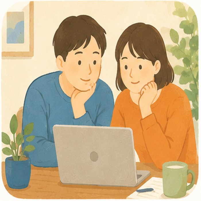 夫婦がノートパソコンを一緒に見ているイラスト。夫婦で一緒に考える就労支援を象徴