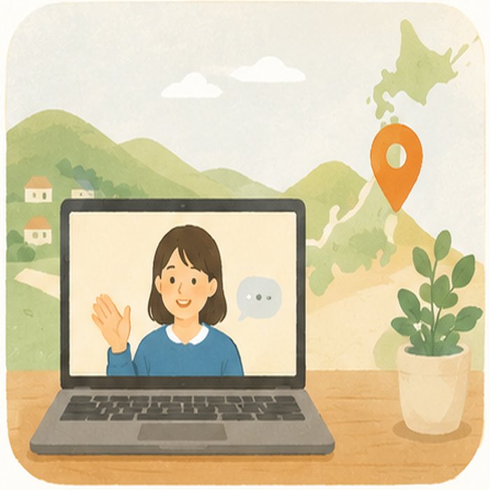 ノートパソコンでのビデオ通話と全国地図のイラスト。地方在住でも受けられるオンライン支援を象徴