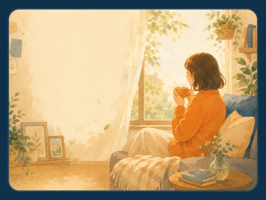 窓辺で温かいお茶を飲みながら静かに過ごす人のイラスト