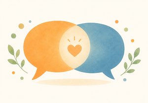 オレンジとブルーの吹き出しが重なるイラスト。対話と共感を象徴