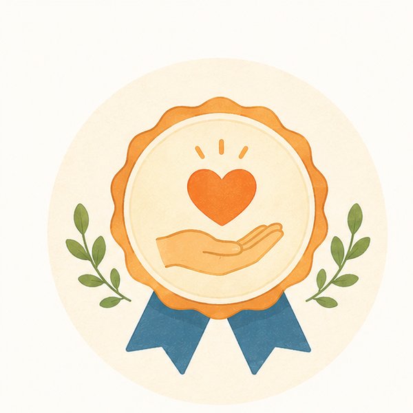 ハートを乗せた手のバッジのイラスト。現役就労移行支援員が代表であることを象徴