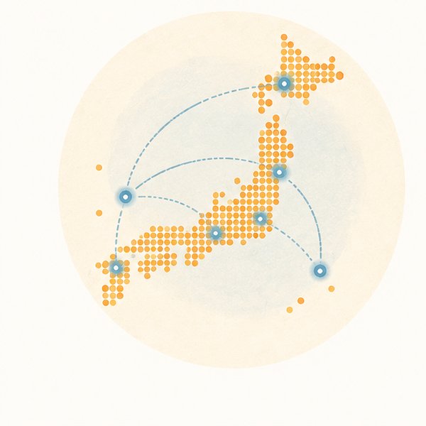 日本地図と繋がる点のイラスト。全国オンライン対応を象徴