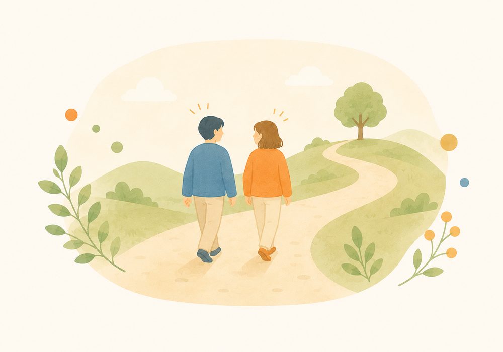 二人が同じペースで並んで歩く小径のイラスト。伴走サポートを象徴