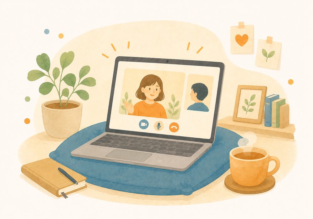 ノートパソコンで温かい雰囲気のオンライン相談をしているイラスト
